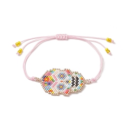 Pink Bracelet à maillons de crâne de graines japonaises fait à la main, bracelet réglable tressé pour femme, rose, diamètre intérieur maximal : 3-3/4 pouce (9.5 cm)