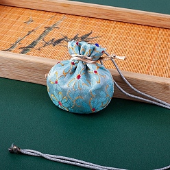 Light Sky Blue Cloth Embroidery Flower Storage Bags, Drawstring Pouches Packaging Bag, Round, Light Sky Blue, 7.5x8cm