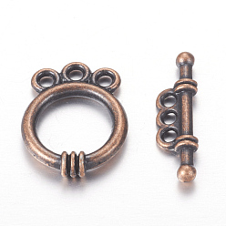 Red Copper Tibetan Style Alloy Toggle Clasps, Ring, Red Copper, Cadmium Free & Lead Free, 18x14x3.5mm, Hole: 2mm