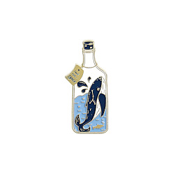 Golden Creative Zinc Alloy Brooches, Enamel Lapel Pin, with Iron Butterfly Clutches or Rubber Clutches, Bottle with Whale Shape, Golden, 30x13mm, pin: 1mm