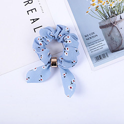 Light Sky Blue Flower Pattern Rabbit Ear Polyester Elastic Hair Accessories, for Girls or Women, with Iron Findings, Scrunchie/Scrunchy Hair Ties, Light Sky Blue, 140x90mm