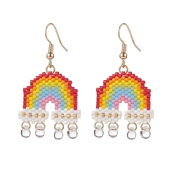 Colorful Glass Seed Rainbow with Teardrop Dangle Earrings, Brass Wire Wrap Drop Earrings for Women, Colorful, 45mm, Pin: 0.9mm