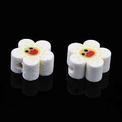 Blanc Perles en fimo faits à la main, fleur avec le visage souriant, blanc, 9~10x4mm, Trou: 1.5mm