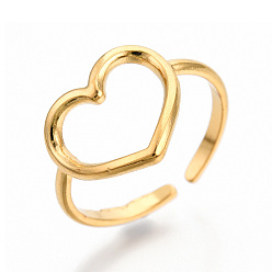 Real 18K Gold Plated Ion Plating(IP) 304 Stainless Steel Hollow Heart Cuff Rings, Open Rings for Women Girls, Real 18K Gold Plated, US Size 7(17.5mm)