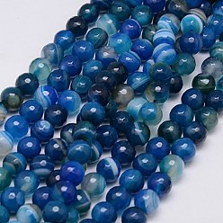 Marine Blue Natural Stripe Agate Beads Strands, Faceted, Dyed, Round, Marine Blue, 8mm, Hole: 1mm, about 48pcs/strand, 15 inch