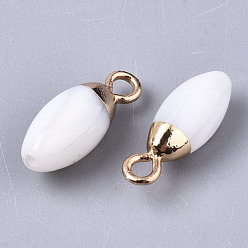 Creamy White Natural Freshwater Shell Charms, with Light Gold Plated Brass Loop and Half Drilled Hole, Teardrop, Creamy White, 14~15x5mm, Hole: 1.8mm, Half Hole: 0.9mm