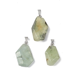 Prehnite Natural Prehnite Pendants, Faceted Polygon Charms, with Stainless Steel Color Plated 201 Stainless Steel Snap on Bails, 21~29x16~23x6~8mm, Hole: 2x7mm