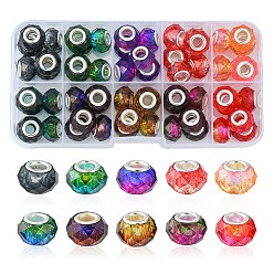 Mixed Color 60Pcs 10 Colors Transparent Resin European Beads, Imitation Crystal, Two-Tone Large Hole Beads, with Silver Tone Brass Double Cores, Faceted, Rondelle, Mixed Color, 14x8.5mm, Hole: 5mm, 6pcs/color