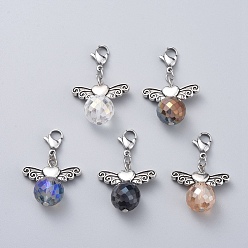 Mixed Color Alloy Pendants, with Faceted Glass Beads and 304 Stainless Steel Lobster Claw Clasps, Wing, Mixed Color, 35mm