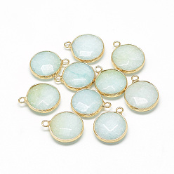 Light Cyan Natural Amazonite Pendants, with Brass Findings, Faceted, Flat Round, Golden, Light Cyan, 19~21x15~16x6~7mm, Hole: 2mm