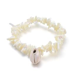 Shell White Shell Chip Beads Charm Stretch Bracelets, with Cowrie Shell Pendants, 2 inch(5.1cm), 5~12x2~6mm, 20x13.5x7mm