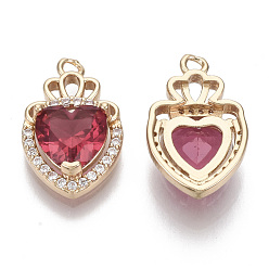 Camellia Glass Pendants, with Micro Pave Cubic Zirconia and Brass Open Back Settings, Faceted, Heart with Crown, Light Gold, Camellia, 17.5x11.5x5.5mm, Hole: 1.4mm