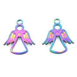 Rainbow Color Ion Plating(IP) 201 Stainless Steel Pendants, Angel, Rainbow Color, 23x19x2mm, Hole: 2.5mm