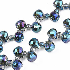 Cyan Foncé Chapelets de perles en verre transparentes  , perles percées, de couleur plaquée ab , larme à facettes, dark cyan, larme: 9.5x8 mm, Trou: 0.8mm, perles: 3~4x2.5~3.5 mm, Environ 100 pcs/chapelet, 23.62 pouce (60 cm)