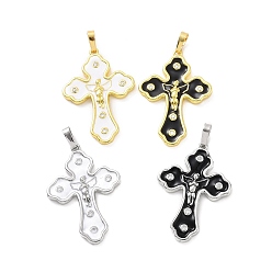 Mixed Color Eco-friendly Rack Plating Brass Micro Pave Cubic Zirconia Pendants, with Enamel, Cadmium Free & Lead Free, Long-Lasting Plated, Religion Cross with Angel Charm, Mixed Color, 32.5x22.5x2.5mm, Hole: 3.5x6mm