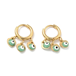 Medium Sea Green Enamel Heart with Evil Eye Dangle Hoop Earrings, Gold Plated 304 Stainless Steel Jewelry for Women, Medium Sea Green, 23mm, Pin: 1mm