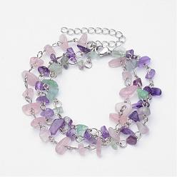 Platinum Natural Gemstone Beaded Multi-strand Bracelets, with 304 Stainless Steel Finding, Platinum, 7-1/2 inch(193mm)