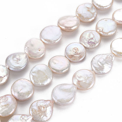 Seashell Color Natural Keshi Pearl Beads Strands, Cultured Freshwater Pearl, Flat Round, Seashell Color, 12~16x12~14x3~7mm, Hole: 0.6mm, about 26~28pcs/strand, 14.96 inch(38cm)