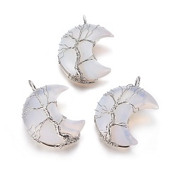 Opalite Pendentifs enroulés de fil d'arbre de vie en opalite, avec les accessoires en laiton, croissant de lune, platine, 44~46x26~32x12.5mm, Trou: 6.5x4.5mm