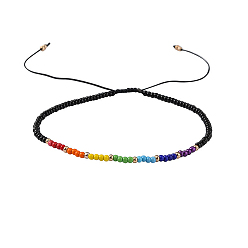 Black Chakra Jewelry, Nylon Thread Braided Beads Bracelets, with Seed Beads, Black, 46~75mm