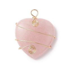 Rose Quartz Natural Rose Quartz Copper Wire Wrapped Pendants, Heart Charms, Light Gold, 37.5~39x31~31.5x9~9.5mm, Hole: 4.5mm