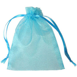 Bleu Ciel Pochette organza , bijoux pochettes en maille pour noce cadeaux de noël sacs de bonbons, avec cordon de serrage, rectangle, bleu ciel, 12x10 cm