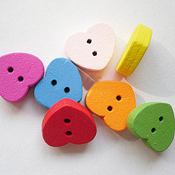 Mixed Color Love Buttons with 2-Hole, Wooden Buttons, Mixed Color, about 13mm long, 15mm wide