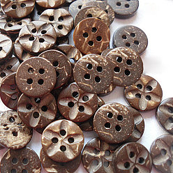 Coconut Brown Carved Round 4-hole Sewing Button, Coconut Button, Coconut Brown, 11mm in diameter