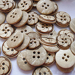 Kaki Ronde sculpté 4 bouton à coudre trous, bouton de noix de coco, kaki, 11 mm de diamètre