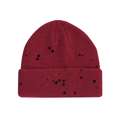 Rouge Foncé Bonnet à revers en fil de fibre de polyacrylonitrile, bonnet d'hiver en tricot à pois pour femme, rouge foncé, 560~580mm