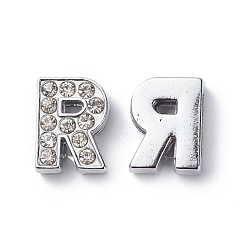 Letter R Alloy Initial Slide Charms with Grade A Rhinestones, Lead Free & Nickel Free, Platinum, Letter.R, 12~13x8~13x4~5mm, Hole: 8x2mm