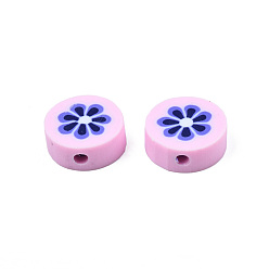 Pink Handmade Polymer Clay Beads, Flat Round with Flower, Pink, 9~10x4~4.5mm, Hole: 1.2~1.8mm