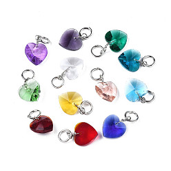 Mixed Color Faceted Transparent Glass Charms, with Iron Jump Ring, Heart, Mixed Color, 13~14x10x5~6mm, Hole: 4mm
