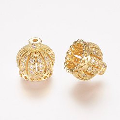 Golden Brass Micro Pave Cubic Zirconia Beads, Tassel Cap Bail, Crown, Hollow, Clear, Golden, 11x11mm, Hole: 1mm