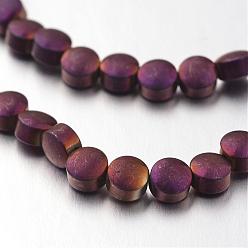 Purple Plated Electroplate Non-magnetic Synthetic Hematite Bead Strands, Frosted, Flat Round, Purple Plated, 4x3mm, Hole: 1mm, about 100pcs/strand, 15.7 inch