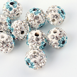 Aquamarine Two-Tone Color Handmade Polymer Clay Disco Ball Beads, with Glass Rhinestone, Aquamarine, 9~10mm, Hole: 2mm