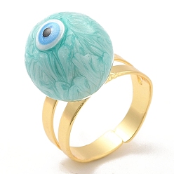 Pale Turquoise Enamel Round with Evil Eye Beaded Open Cuff Ring, Real 18K Gold Plated Brass Jewelry for Women, Pale Turquoise, Inner Diameter: 20mm