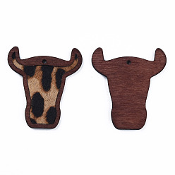 PeachPuff Eco-Friendly Cowhide Leather Big Pendants, with Dyed Wood, Cow's Head with Leopard , PeachPuff, 55x50x3mm, Hole: 2.5mm