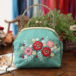 Turquoise DIY Kiss Lock Coin Purse Embroidery Kit, Including Embroidered Fabric, Embroidery Needles & Thread, Metal Purse Handle, Flower Pattern, Turquoise, 210x165x40mm