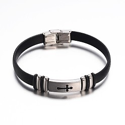 Stainless Steel Color Jewelry Black Color PU Leather Cord Bracelets, with 304 Stainless Steel Findings and Watch Band Clasp, Cross, Stainless Steel Color, 235x10mm