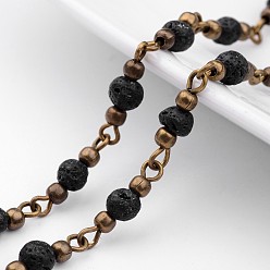Black Handmade Round Lava Rock Beads Chains for Necklaces Bracelets Making, with Iron Eye Pin, Unwelded and Brass Spacer Beads, Antique Bronze, Black, 39.37 inch(1m)