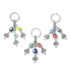 Couleur Mélangete Porte-clés pendentif arbre de vie en alliage, avec des perles de lampe mauvais œil faites à la main et des porte-clés fendus, couleur mixte, 10.5 cm