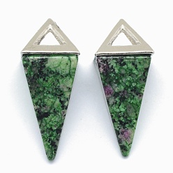 Rubis Zoïsite Rubis naturel en pendentifs zoisite, avec les accessoires en alliage, triangle, platine, 34x14x14.5mm, Trou: 4x6mm