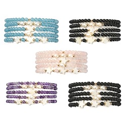 Mixed Stone 5Pcs 5 Style Natural & Synthetic Mixed Gemstone & Pearl & Shell Star Beaded Stretch Bracelets Set, Inner Diameter: 1-3/4~1-3/4 inch(4.3~4.5cm), 1Pcs/style
