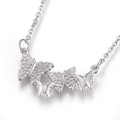 Stainless Steel Color 304 Stainless Steel Pendant Necklaces, with Cubic Zirconia, Butterfly, Clear, Stainless Steel Color, 18.6 inch(47.5cm), Pendant: 23.5x14.5x2.5mm