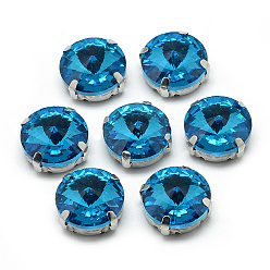 Cielo Azul Oscuro Cose en el rhinestone, Enlaces multifilares, diamantes de imitación de cristal, con ajustes de puntas de latón, accesorios de prendas de vestir, facetados, plano y redondo, Platino, cielo azul profundo, 13x7.5 mm, agujero: 0.8~1 mm