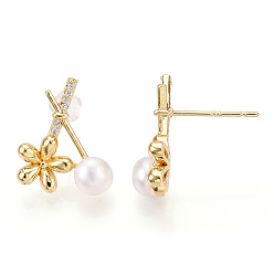 Real 18K Gold Plated Natural Pearl Stud Earrings, Flower Brass Micro Pave Clear Cubic Zirconia Earrings with 925 Sterling Silver Pins, Real 18K Gold Plated, 17x14mm, Pin: 12.5x0.8mm