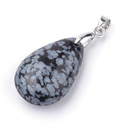 Obsidienne De Flocon De Neige Flocon de neige naturelle pendentifs en obsidienne, avec les accessoires en alliage, larme, platine, 23~24x14x8mm, Trou: 4x5mm