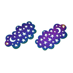 Rainbow Color Ion Plating(IP) 201 Stainless Steel Filigree Pendants, Etched Metal Embellishments, Cloud with Moon & Star, Rainbow Color, 23.5x41.5x0.2mm, Hole: 1.2mm