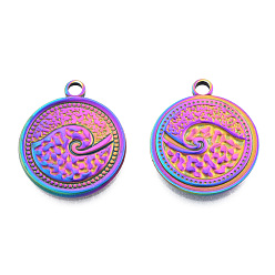 Rainbow Color Ion Plating(IP) 201 Stainless Steel Pendants, Flat Round with Spindrift, Rainbow Color, 24x20.5x2mm, Hole: 2.5mm